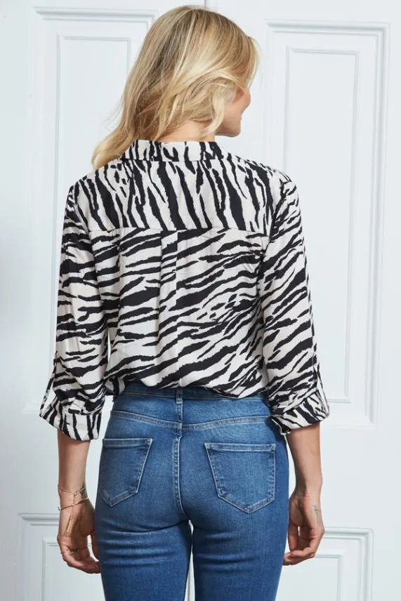Sosandar Natural Zebra Print Pocket Detail Longline Shirt Women Tops