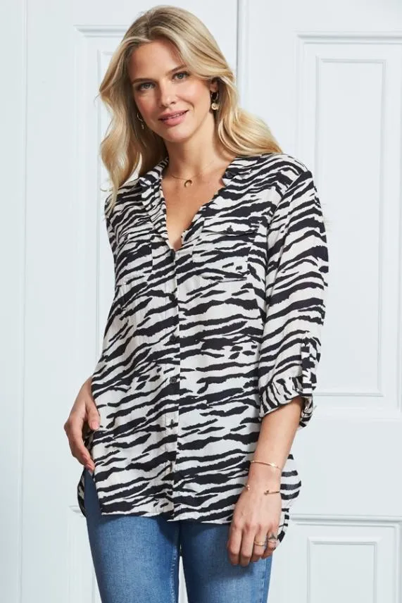 Sosandar Natural Zebra Print Pocket Detail Longline Shirt Women Tops
