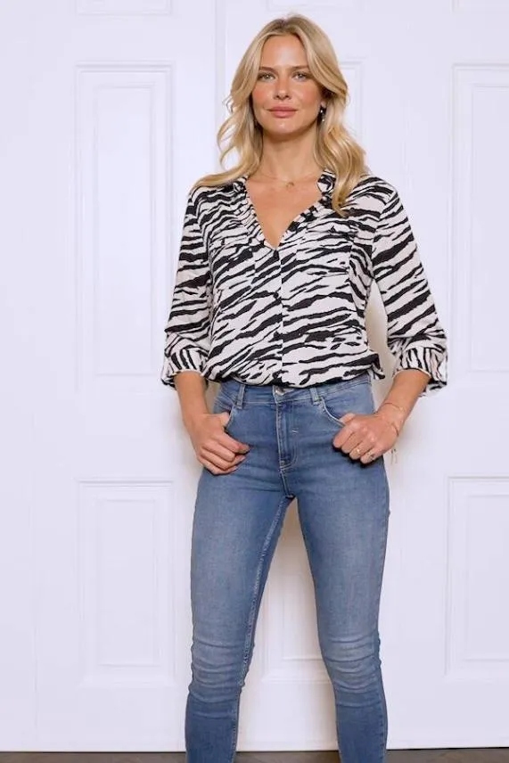 Sosandar Natural Zebra Print Pocket Detail Longline Shirt Women Tops