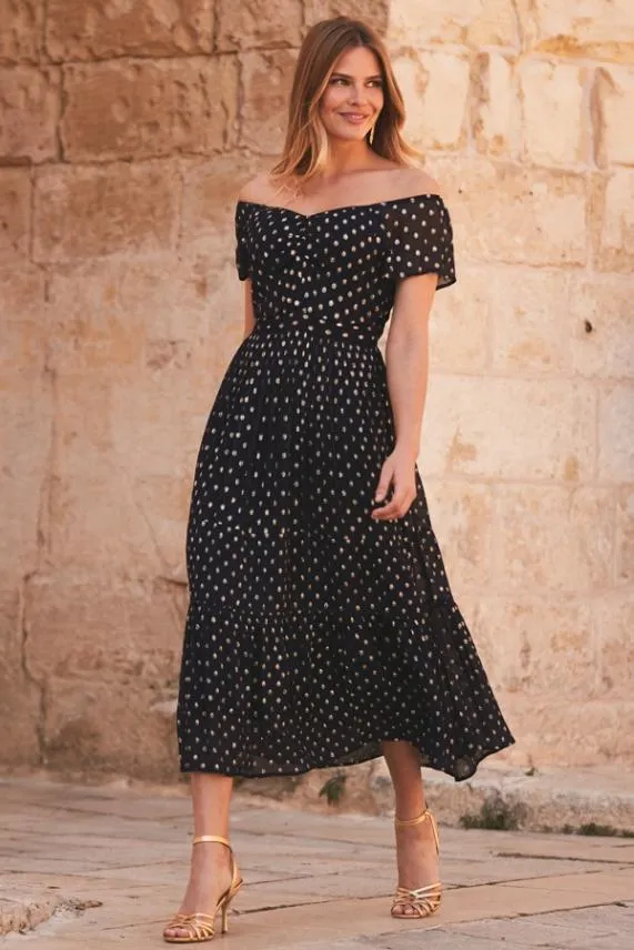 Sosandar Navy and Gold Lurex Spot Bardot Midi Dress Navy Gold Women Dresses