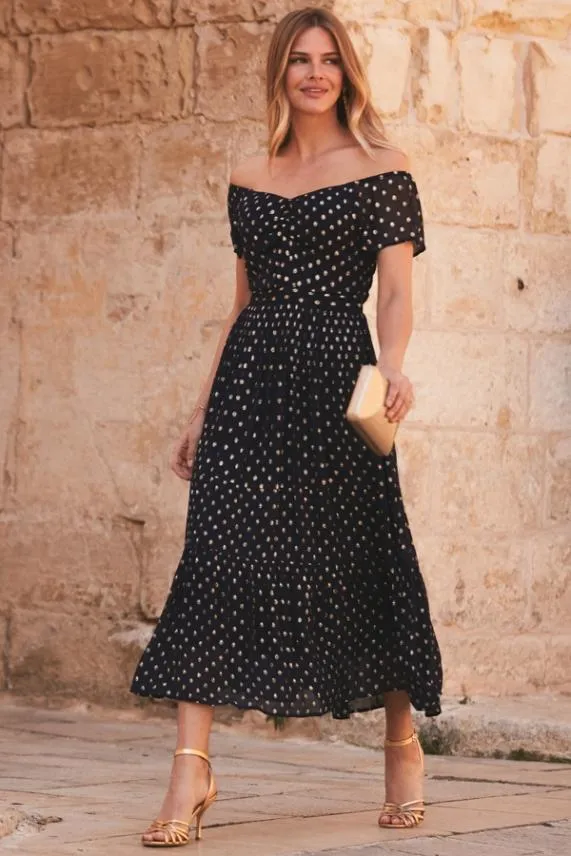 Sosandar Navy and Gold Lurex Spot Bardot Midi Dress Navy Gold Women Dresses