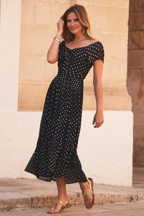 Sosandar Navy and Gold Lurex Spot Bardot Midi Dress Navy Gold Women Dresses