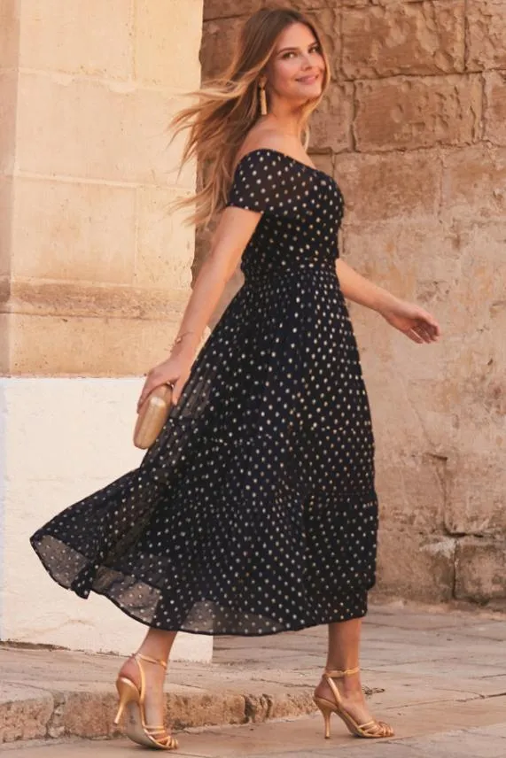 Sosandar Navy and Gold Lurex Spot Bardot Midi Dress Navy Gold Women Dresses