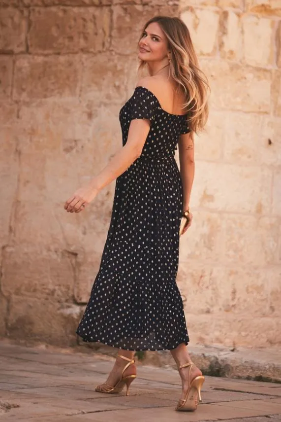 Sosandar Navy and Gold Lurex Spot Bardot Midi Dress Navy Gold Women Dresses