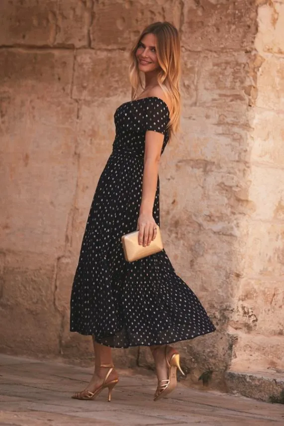 Sosandar Navy and Gold Lurex Spot Bardot Midi Dress Navy Gold Women Dresses