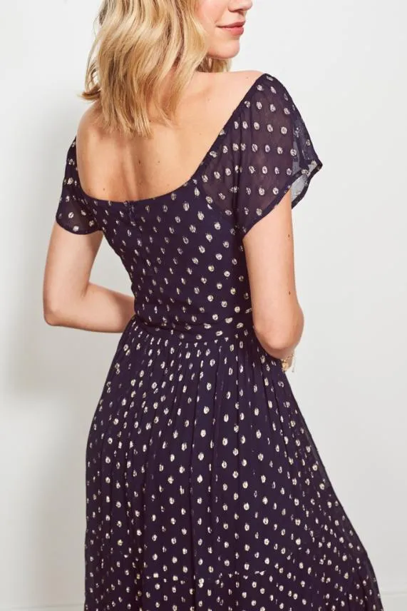 Sosandar Navy and Gold Lurex Spot Bardot Midi Dress Navy Gold Women Dresses
