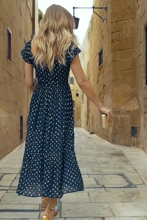 Sosandar Navy and Gold Lurex Spot Bardot Midi Dress Navy Gold Women Dresses