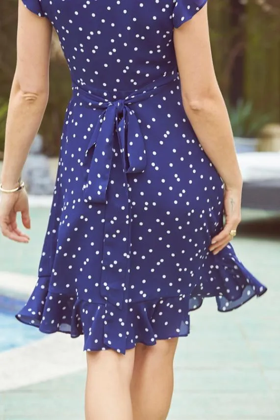 Sosandar Navy and White Spot Print Ruffle Hem Wrap Dress Navy White Women Dresses