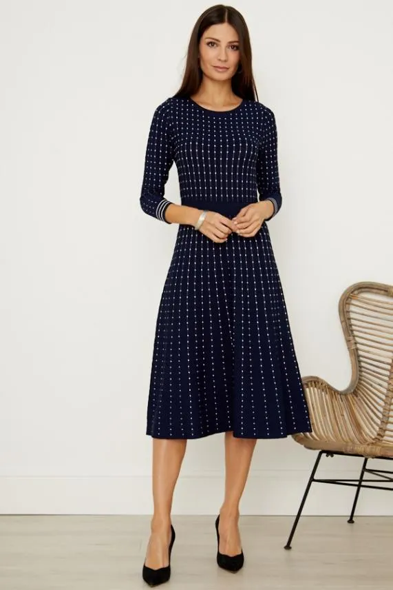 Sosandar Navy and White Stripe Fit and Flare Knitted Dress Navy White Women Knitwear