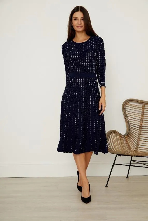 Sosandar Navy and White Stripe Fit and Flare Knitted Dress Navy White Women Knitwear