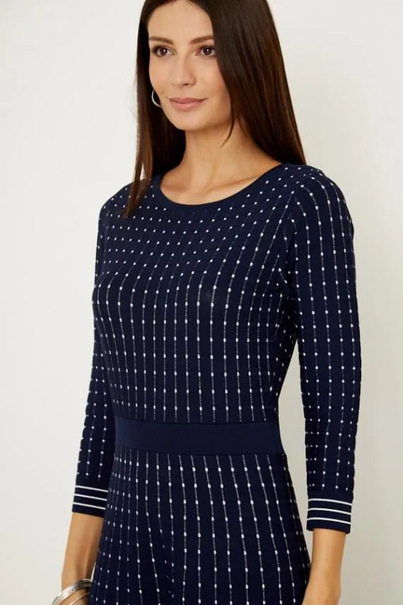 Sosandar Navy and White Stripe Fit and Flare Knitted Dress Navy White Women Knitwear