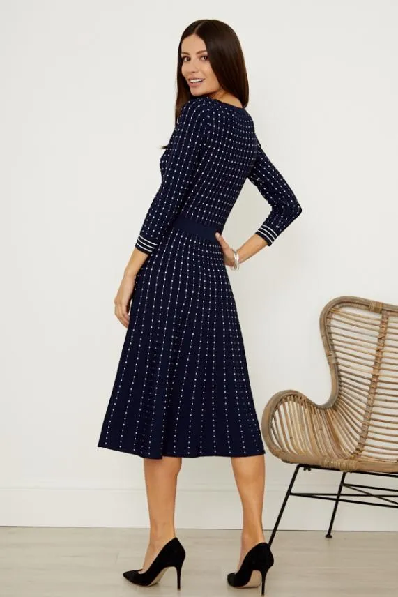 Sosandar Navy and White Stripe Fit and Flare Knitted Dress Navy White Women Knitwear