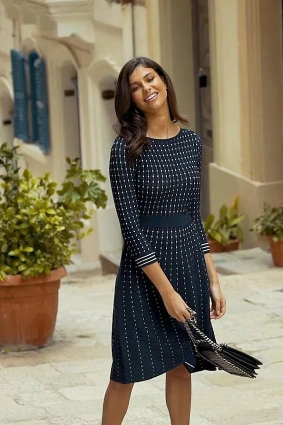 Sosandar Navy and White Stripe Fit and Flare Knitted Dress Navy White Women Knitwear