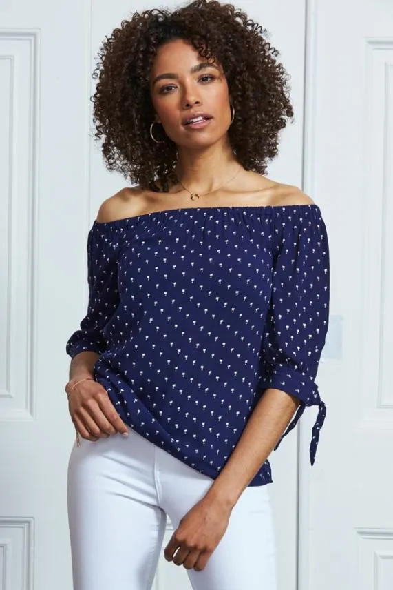 Sosandar Navy Blue Mini Palm Print Tie Sleeve Bardot Top Navy Blue Women Tops Sosandar Navy Blue Mini Palm Print Tie Sleeve Bardot Top Navy Blue Women Tops