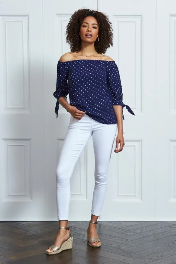 Sosandar Navy Blue Mini Palm Print Tie Sleeve Bardot Top Navy Blue Women Tops
