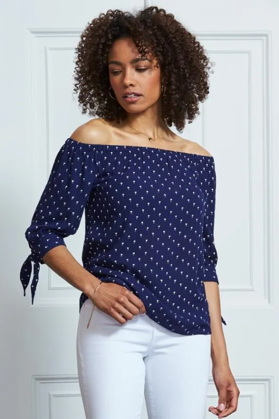 Sosandar Navy Blue Mini Palm Print Tie Sleeve Bardot Top Navy Blue Women Tops