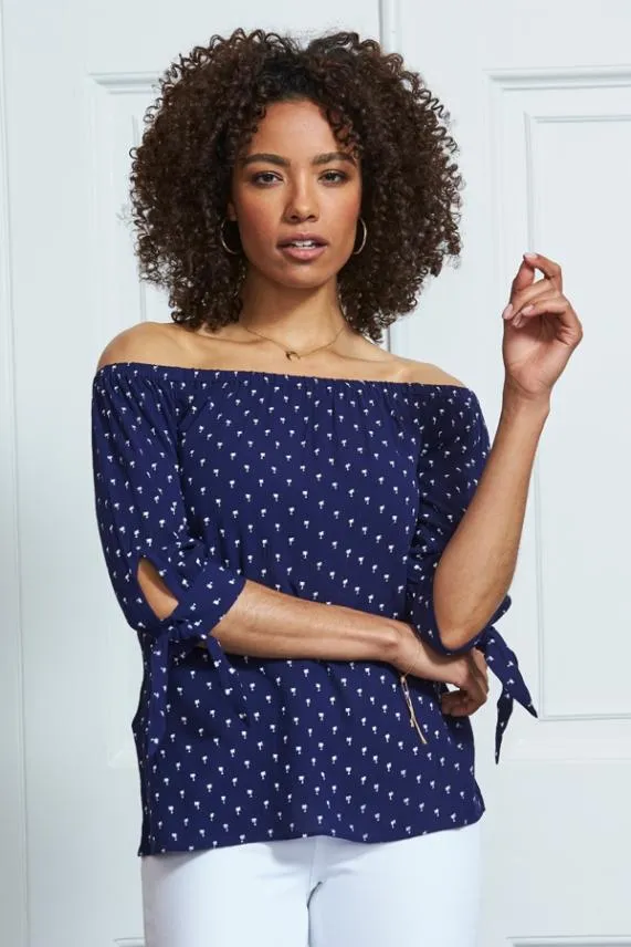 Sosandar Navy Blue Mini Palm Print Tie Sleeve Bardot Top Navy Blue Women Tops