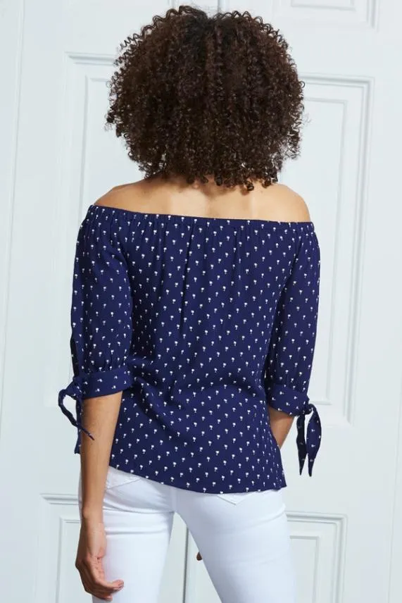 Sosandar Navy Blue Mini Palm Print Tie Sleeve Bardot Top Navy Blue Women Tops