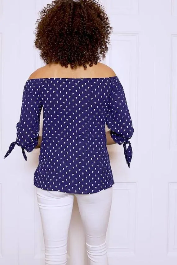 Sosandar Navy Blue Mini Palm Print Tie Sleeve Bardot Top Navy Blue Women Tops