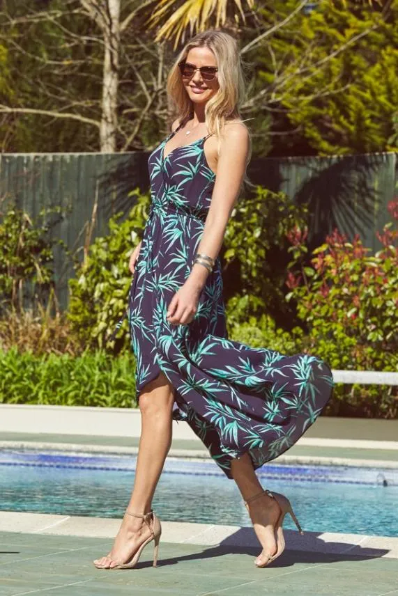 Sosandar Navy Blue Palm Print Tie Waist Maxi Dress Navy Blue Women Dresses