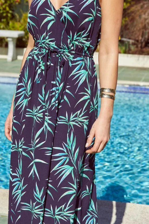 Sosandar Navy Blue Palm Print Tie Waist Maxi Dress Navy Blue Women Dresses