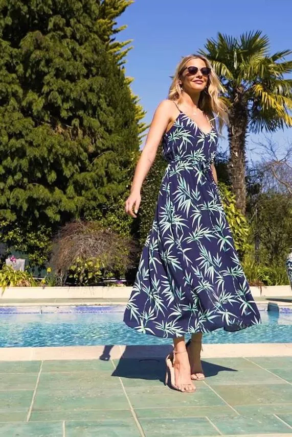 Sosandar Navy Blue Palm Print Tie Waist Maxi Dress Navy Blue Women Dresses