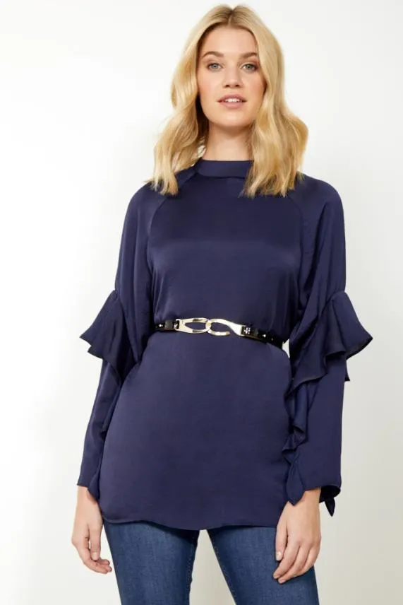 Sosandar Navy Blue Ruffle Sleeve Relaxed Fit Top Navy Blue Women Tops