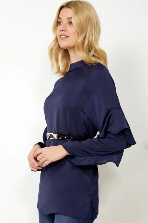 Sosandar Navy Blue Ruffle Sleeve Relaxed Fit Top Navy Blue Women Tops