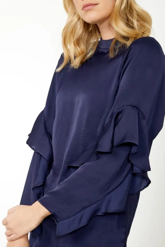 Sosandar Navy Blue Ruffle Sleeve Relaxed Fit Top Navy Blue Women Tops