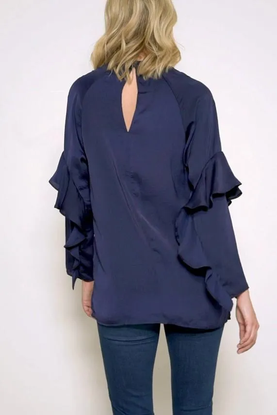 Sosandar Navy Blue Ruffle Sleeve Relaxed Fit Top Navy Blue Women Tops
