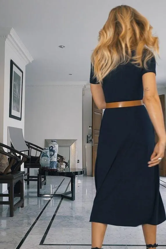 Sosandar Navy Blue Scoop Neck Jersey Midi Dress With Pockets Navy Blue Women Dresses