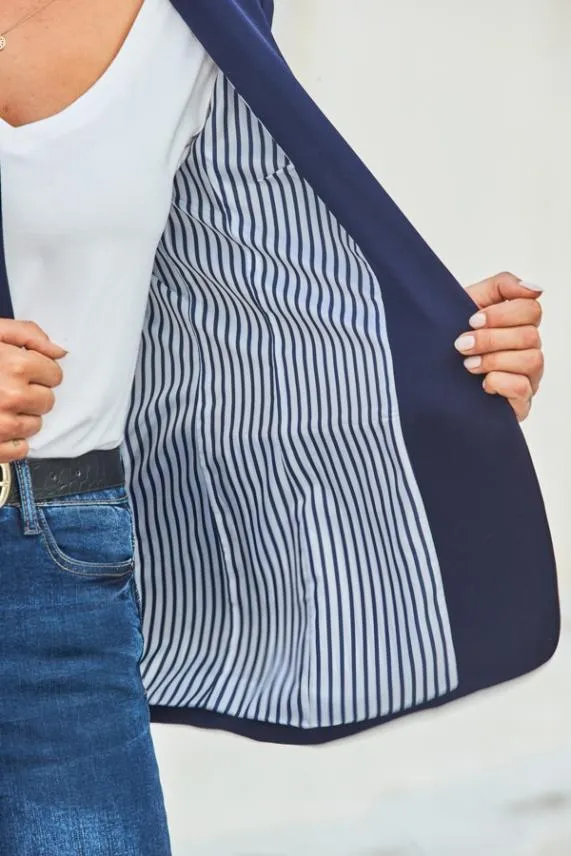 Sosandar Navy Blue Stripe Print Lining Blazer Navy Blue Women Jackets and Coats