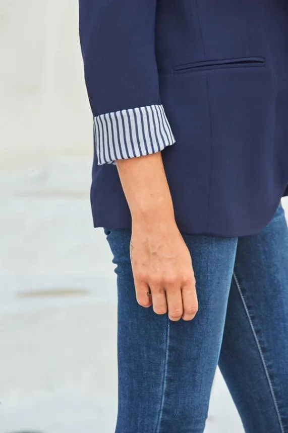 Sosandar Navy Blue Stripe Print Lining Blazer Navy Blue Women Jackets and Coats