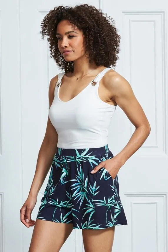 Sosandar Navy Blue Tropical Print Jersey Shorts With Pockets Navy Blue Women Shorts Sosandar Navy Blue Tropical Print Jersey Shorts With Pockets Navy Blue Women Shorts