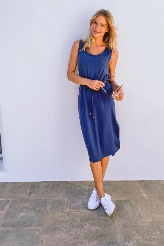 Sosandar Navy Blue Zip Detail Drawstring Waist Jersey Dress Navy Blue Women Dresses