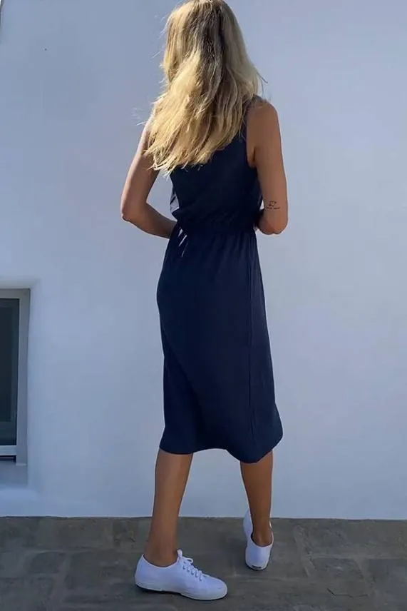 Sosandar Navy Blue Zip Detail Drawstring Waist Jersey Dress Navy Blue Women Dresses