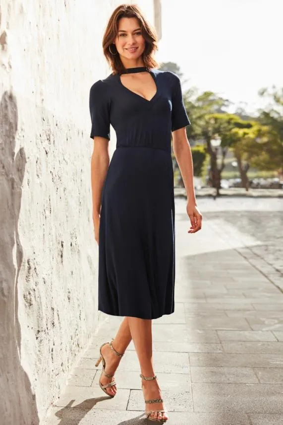 Sosandar Navy Cut Out Back Detail Midi Dress Navy Women Dresses