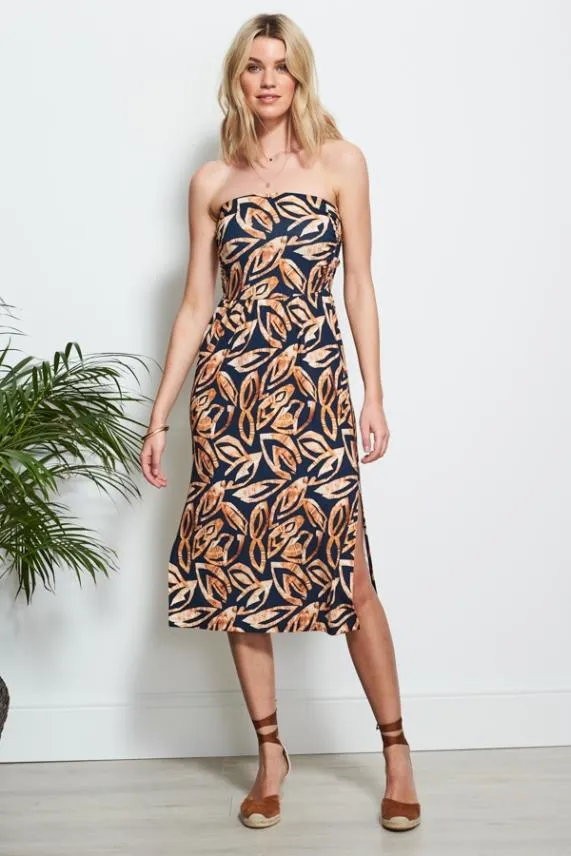 Sosandar Navy Leaf Print Jersey Bandeau Dress Navy Women Dresses