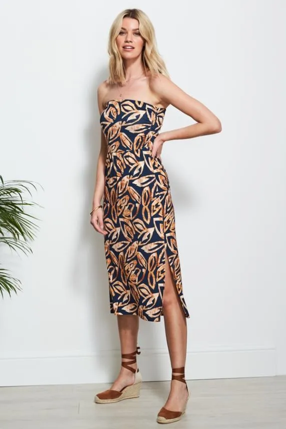 Sosandar Navy Leaf Print Jersey Bandeau Dress Navy Women Dresses