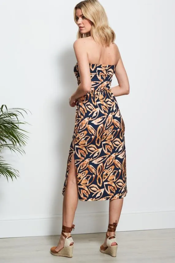 Sosandar Navy Leaf Print Jersey Bandeau Dress Navy Women Dresses