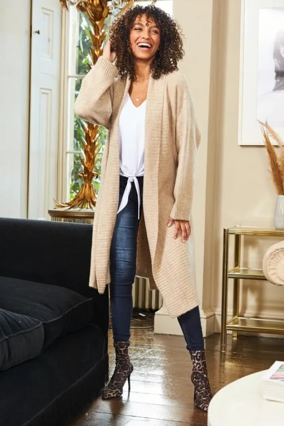 Sosandar Oatmeal Longline Relaxed Fit Belted Cardigan Women Knitwear