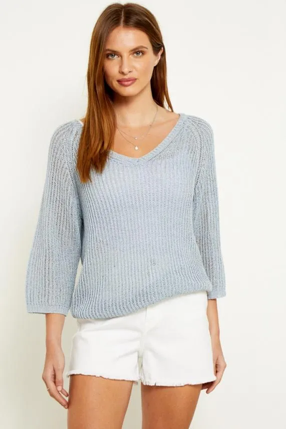 Sosandar Pale Blue V Neck Lurex Stitch Jumper Blue Women Knitwear