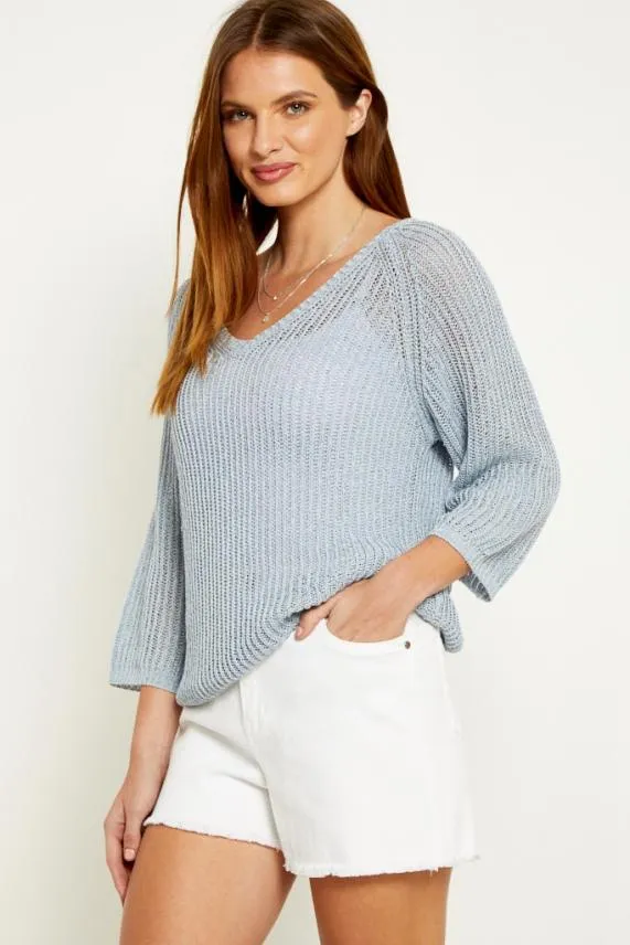 Sosandar Pale Blue V Neck Lurex Stitch Jumper Blue Women Knitwear