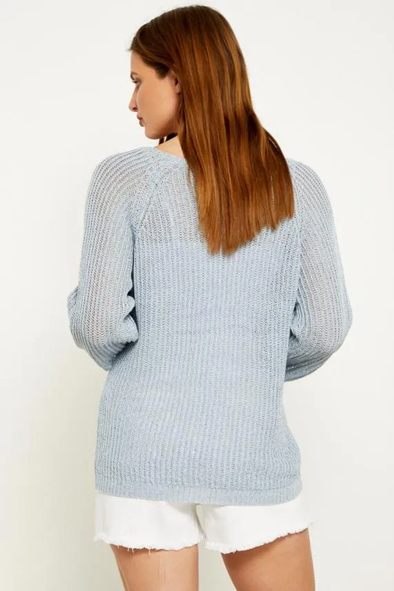Sosandar Pale Blue V Neck Lurex Stitch Jumper Blue Women Knitwear