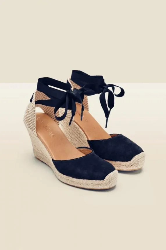 Sosandar Perla Navy Blue Suede Valenciana Wedge Espadrille Navy Blue Women Sandals and Flip Flops