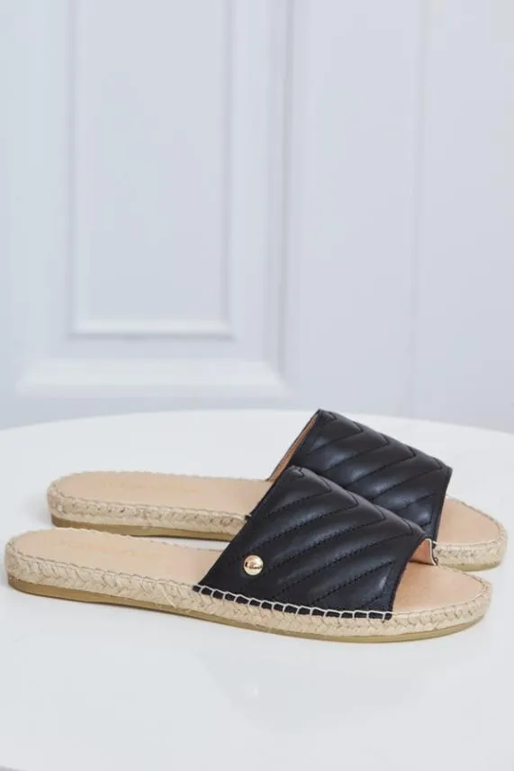 Sosandar Perri Black Leather Espadrille Flat Sandal Black Women Sandals and Flip Flops