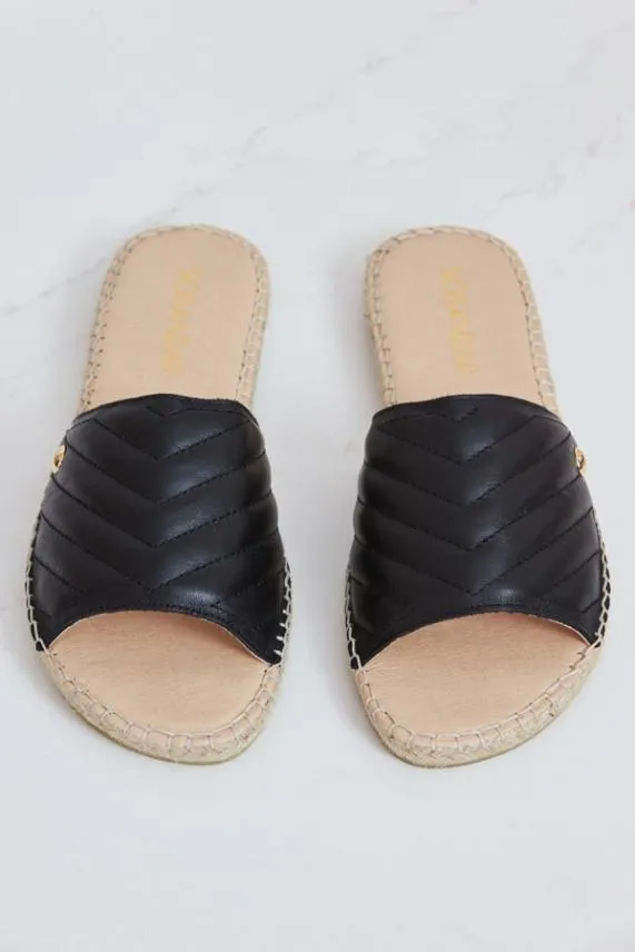Sosandar Perri Black Leather Espadrille Flat Sandal Black Women Sandals and Flip Flops