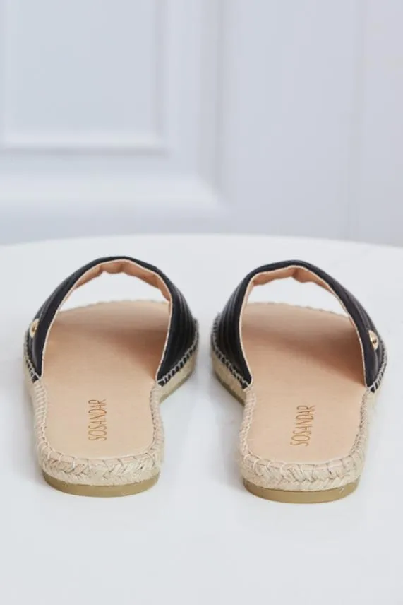 Sosandar Perri Black Leather Espadrille Flat Sandal Black Women Sandals and Flip Flops