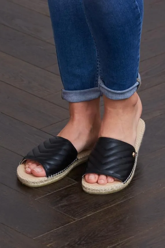 Sosandar Perri Black Leather Espadrille Flat Sandal Black Women Sandals and Flip Flops
