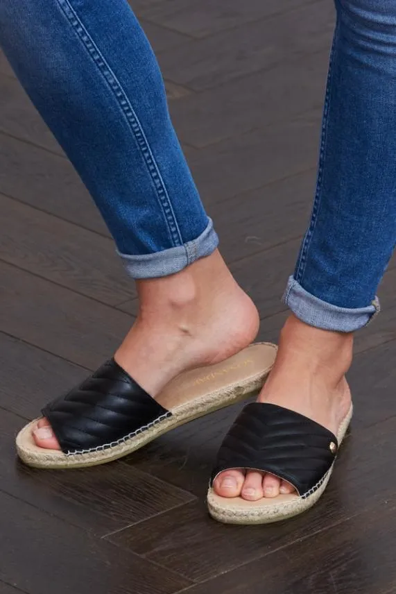 Sosandar Perri Black Leather Espadrille Flat Sandal Black Women Sandals and Flip Flops